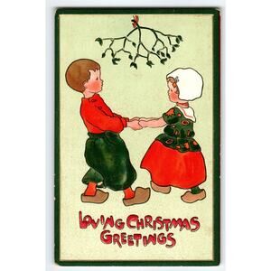 Christmas Postcard Dutch Children Under Mistletoe Ivy M. James Series 522 Tuck
